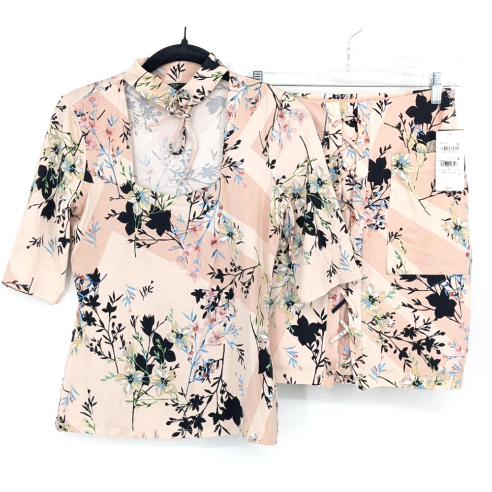 Guess Skirt Top Set Womens Small Magic‎ Floral Rose Cloud Irene Lace Up Outfit